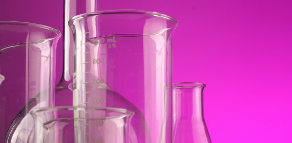 Science motif graphic showing DNA and a beaker